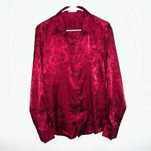 Dark Ruby Red Floral Silk Long Sleeve Dress Shirt Coofandy Men Size Small
